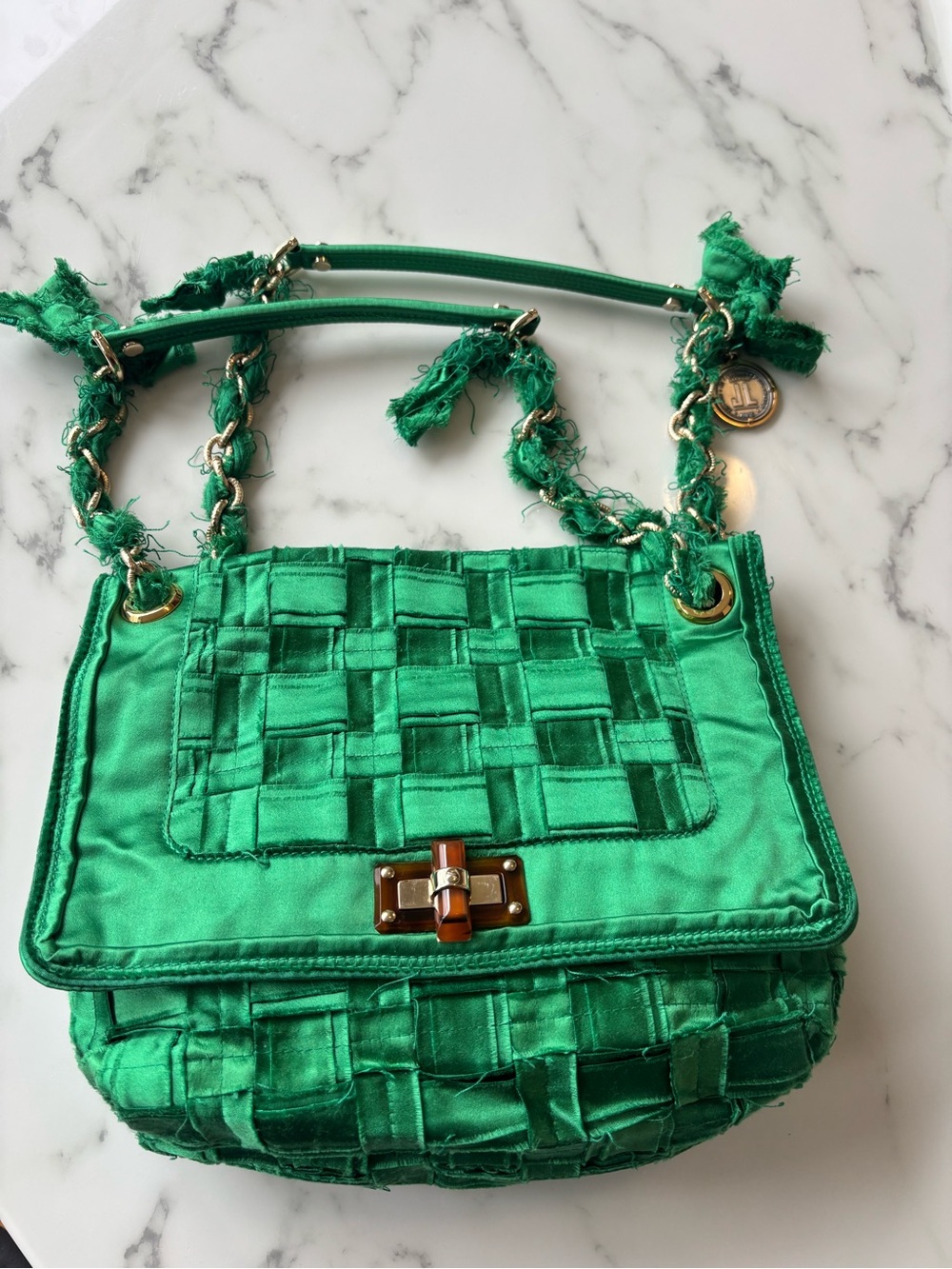 Lanvin Happy Green Woven Satin Shoulder Bag